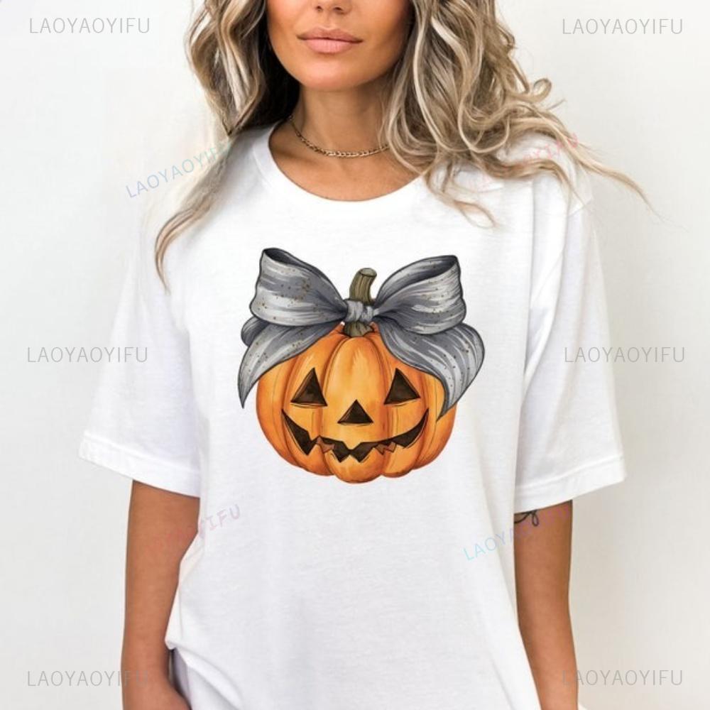 Retro Halloween Pumpkin Tshirt Spooky Season Tee Pumpkin Lover Gift TShirt Pumpkin Bow Creative Design Tops Women Fashion Shirt