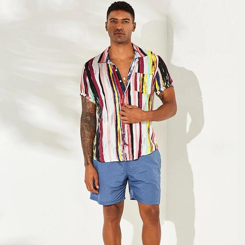 Summer Men's Loose Casual Striped Short-sleeved Men's Shirt Beach Printed Shirt