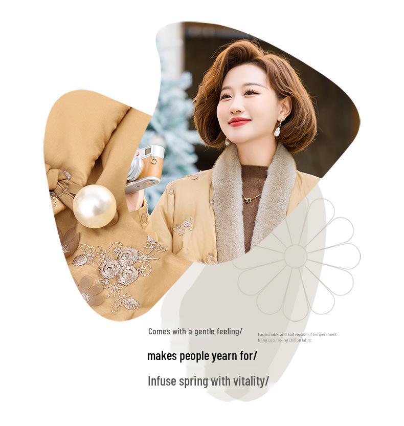 New Arrival: Embroidered Patchwork Down Jacket with Fur Collar for Middle-Aged & Elderly Mothers - Chinese Style Winter Outerwear