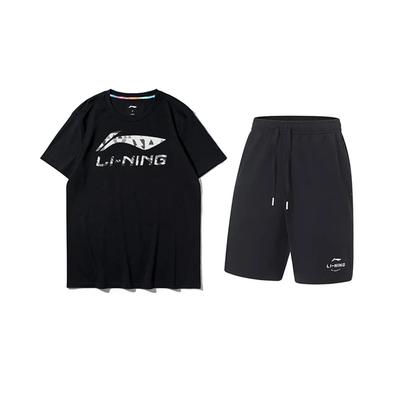 Li Ning Logo Print Letter Fashion Loose Comfortable Round Neck Pullover Short Sleeve T-Shirt Casual Sports Set Unisex Tops AHST791-1+AKST543-3