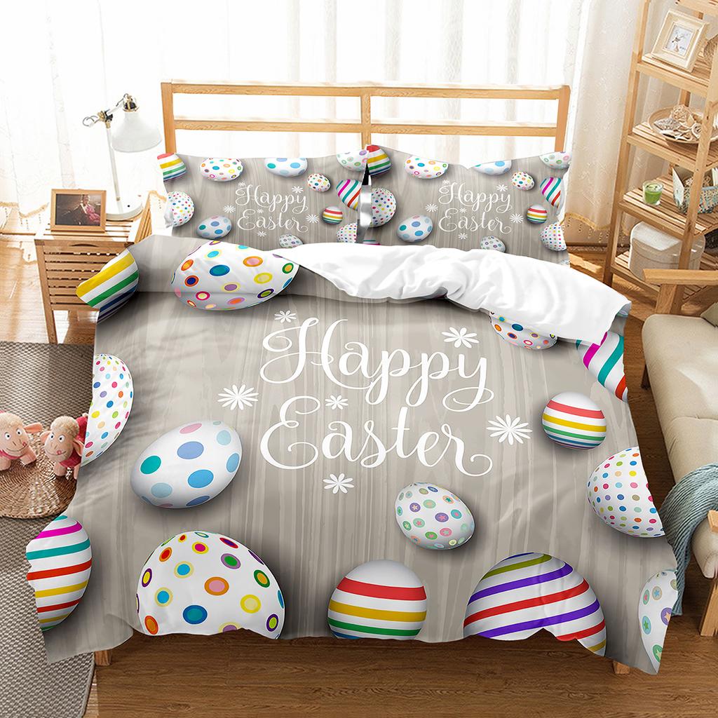 Cartoon Rabbit Duvet Cover Set Twin Queen Colorful Eggs Bedding Set Microfiber Floral Comforter Cover For Girls Boys Easter Gift