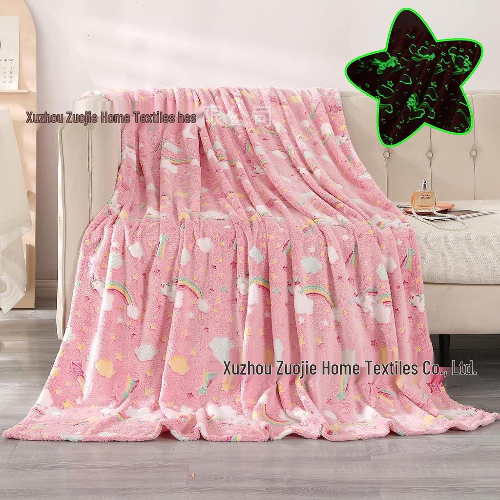 Pink Sparkly Glow-in-the-Dark Double Flannel Blanket – Shimmering Rainbow Cloud Design