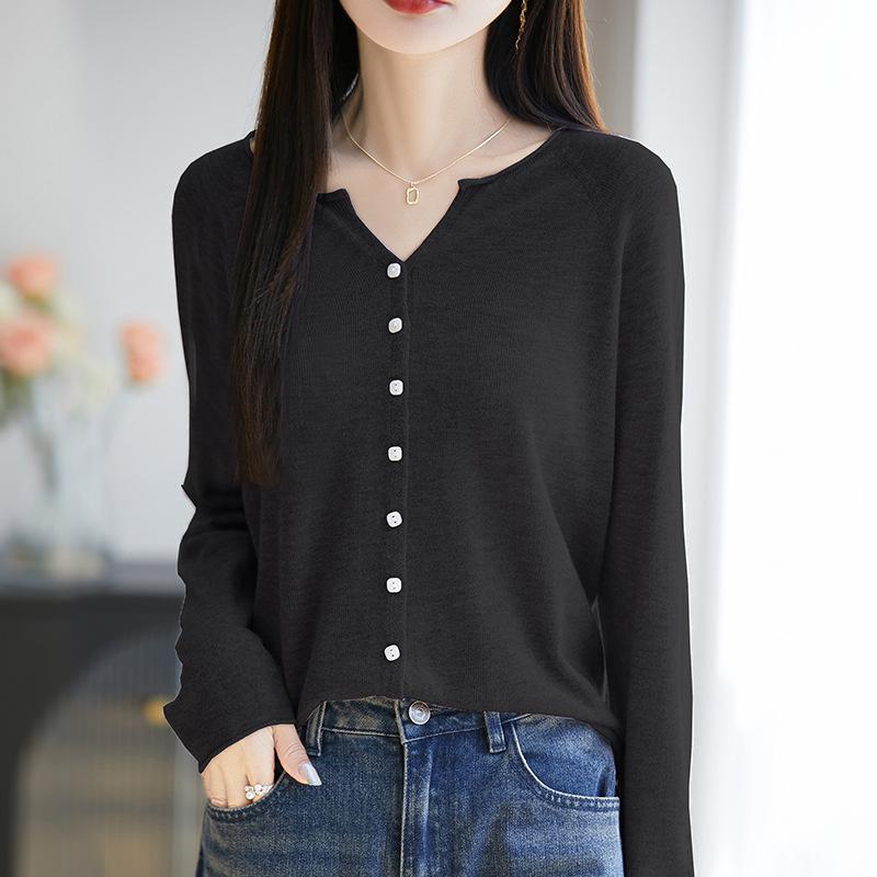 2026 Spring/Autumn Women's V-Neck Fine Wool Knit Cardigan - Long Sleeve, Solid Color, Loose Fit