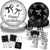 Black Bowknot Paper Plates Disposable Tableware Birthday Party Supplies Decorative Dinner Plates Napkins Baby Shower Party Decor
