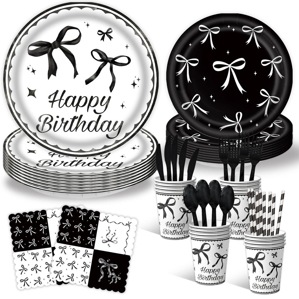 Black Bowknot Paper Plates Disposable Tableware Birthday Party Supplies Decorative Dinner Plates Napkins Baby Shower Party Decor