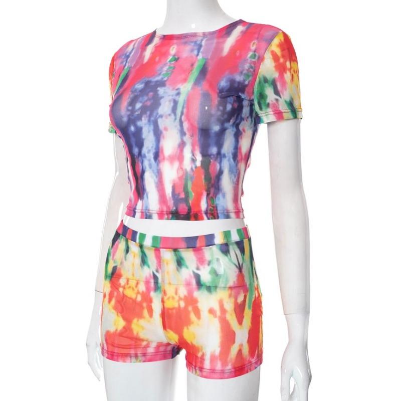 Ganzjahres-Damen-Street-Mesh-Zweiteiler-Set, Hipster-Mädchen-Blumendruck-T-Shirts + Schlaghosen, passende Party-Club-Kleidung, bedrucktes Oberteil, Shorts, Freizeitanzug