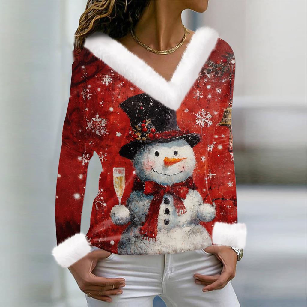 חולצת טי לנשים חולצה חג המולד שרוול ארוך מסיבה הדפס חג המולד צווארון פליז צווארון וי טופ