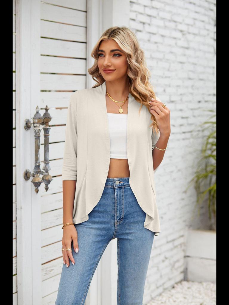 Letní dámská jednobarevná kardiganová bunda 2023 s volánovými tříčtvrtečními rukávy