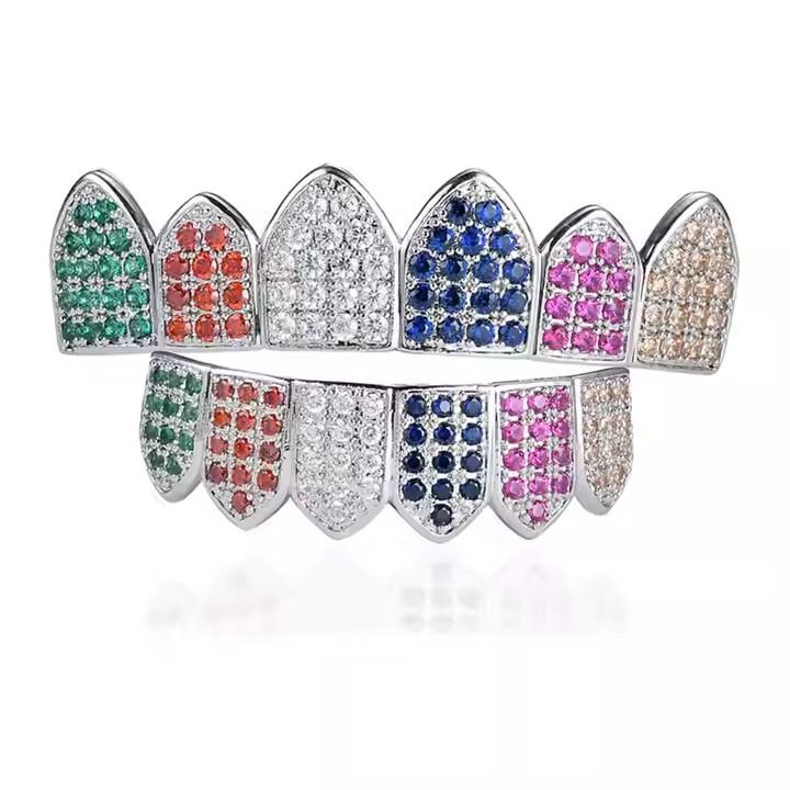 Hip Hop Body Jewelry Iced Colorful Zircon Rhodium Plated Six Tooth Brass Grills for Parties Gift