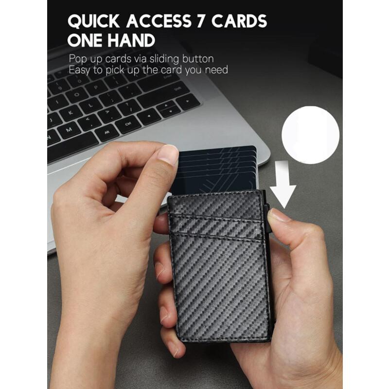 New's Side Push Pop Up Suport card Carduri Portofel subțire din piele din fibră de carbon Protecție RFID Până la 9 carduri Husă pentru carduri din aliaj de aluminiu