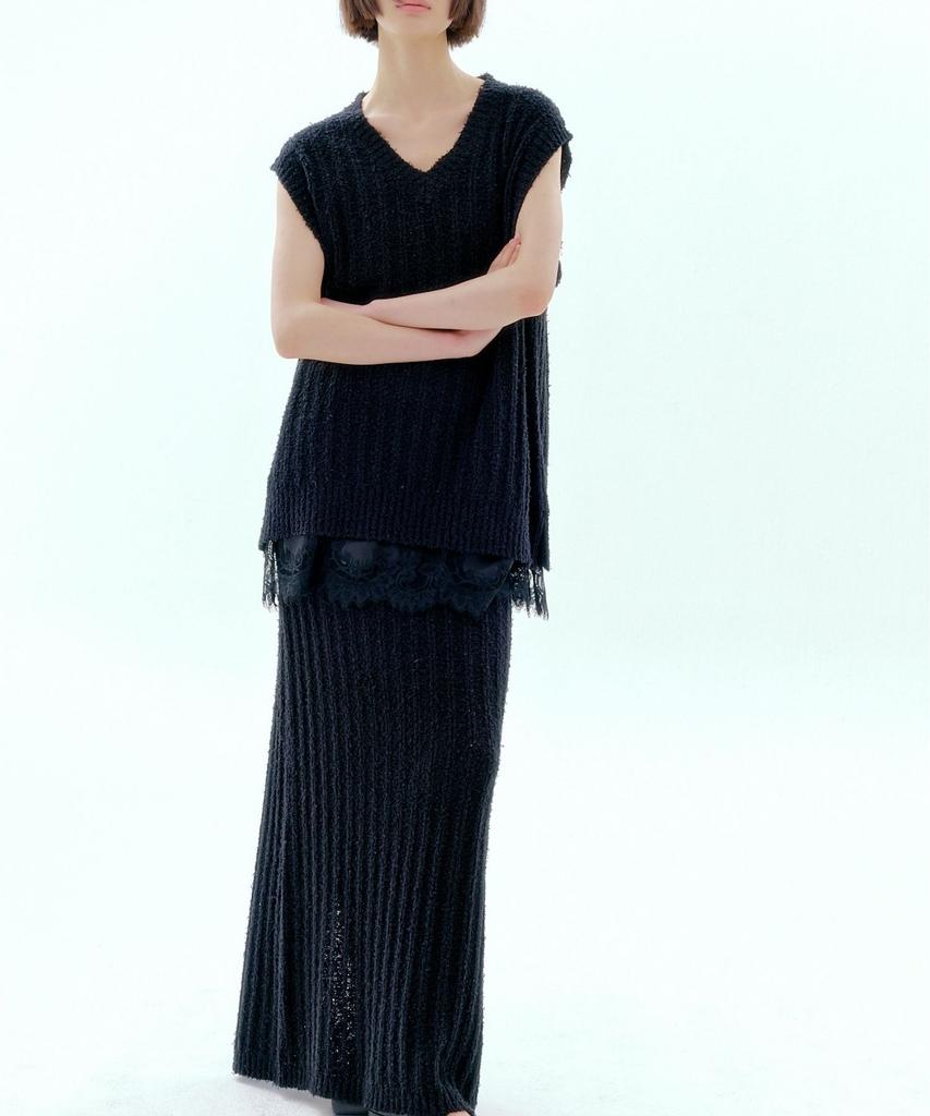 Okuka Tail Knit Long Skirt - Black