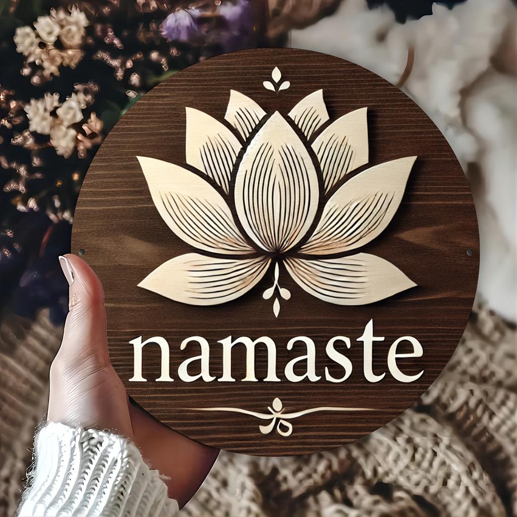 Namaste Lotus Flower Round Metal Sign D Flat Printed Dark Woodgrain Art Tin Plaque Boho Zen Yoga Decor with Intricate White L