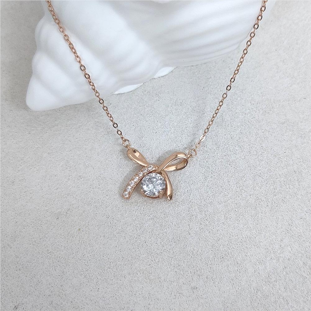 S925 Sterling Silver Bow Pendant Necklace - Women's Simple Luxury Zircon Clavicle Chain