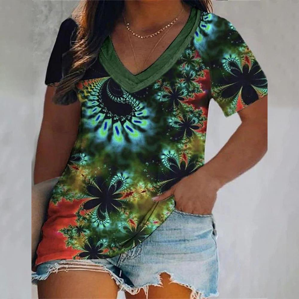 Fashion V-Neck Short Sleeve Colorful Tassels Print T-Shirts Summer Casual Elegant Women's Large Size T-Shirts