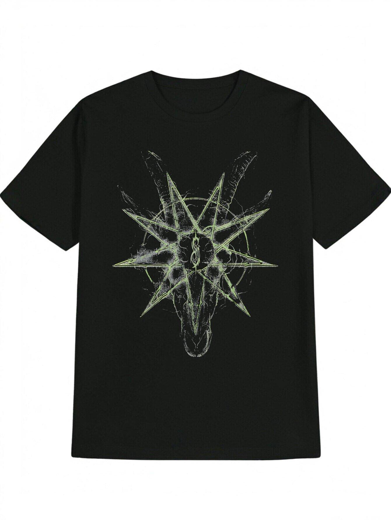 Casual Crew Neck T-shirt with Intricate Star & Skull Design - Black XXXXL