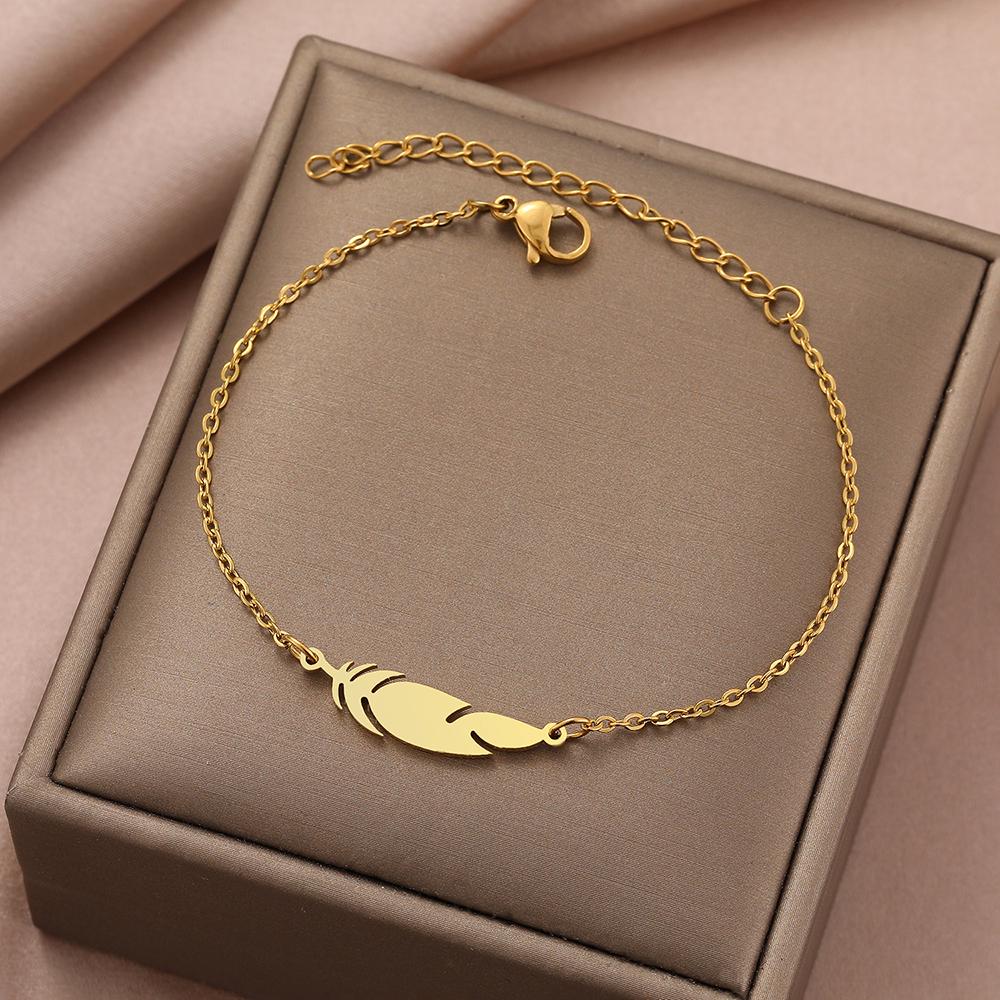Stainless Steel Bracelets Classic Simple Feather Design Pendant Chains Fashion Charms Bracelet For Women Zircon Party Male Gift