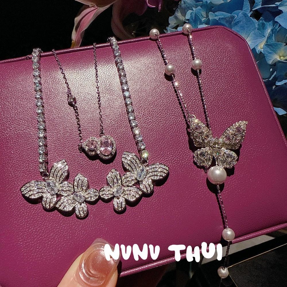 Jewelry, Exquisite Flower Butterfly Butterfly Gem Pearl Y-Shaped Necklace Light Luxury Advanced Gradual Change Love Zircon Earrings Set