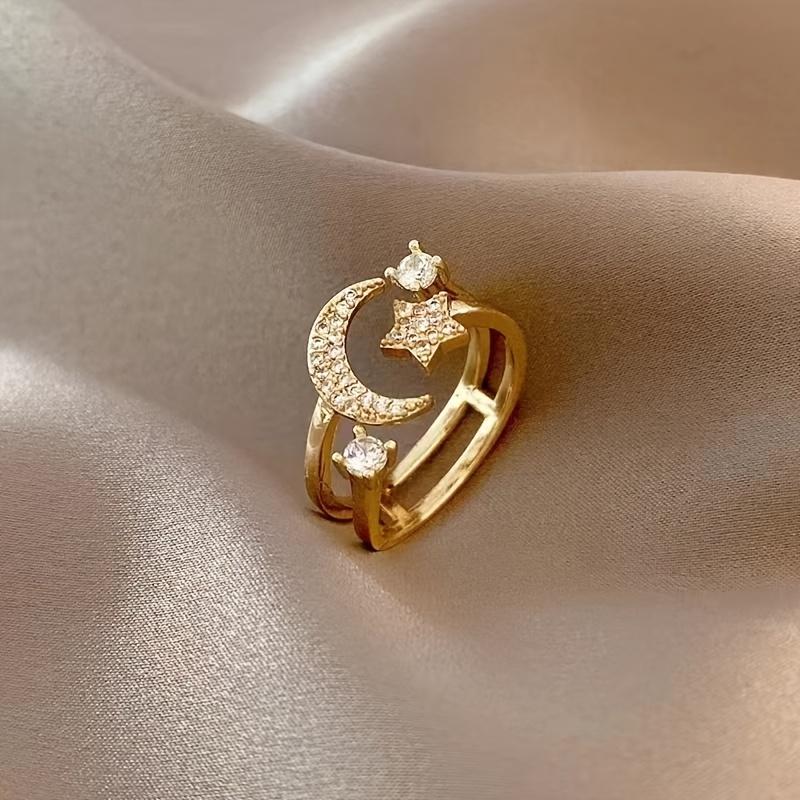 Adjustable Star & Moon Ring, Sparkling Cubic Zirconia Stainless Steel, Elegant Gift for Women Ring
