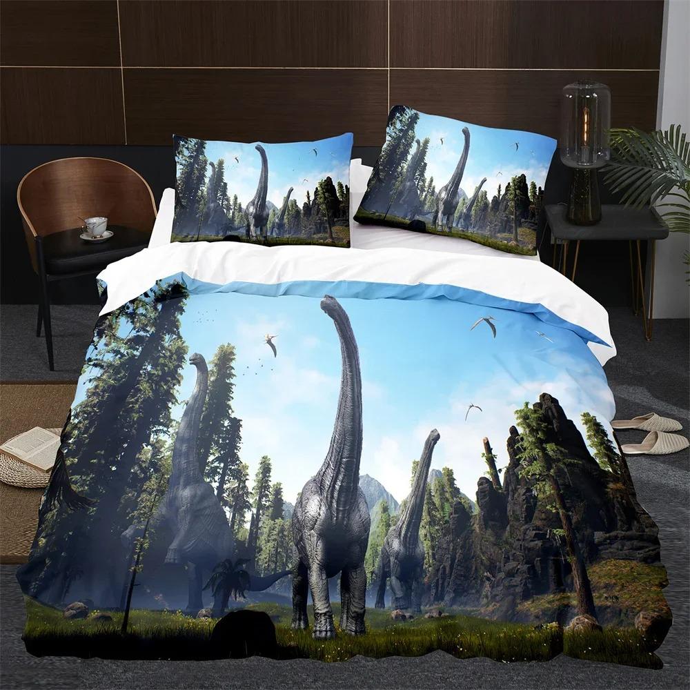 BCartoon Dinosaur Duvet Cover King Queen Size Jurassic World Theme Bedding Set for Kids Boys Ancient Animal Polyester Quilt Cove