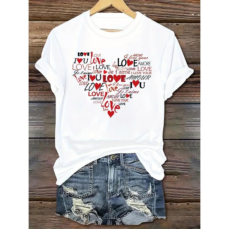 Europäische Größe Damen Lässiges Rundhals-T-Shirt mit "Ich liebe dich" Herz-Grafikdruck, Kurzarm, Weicher Polyesterstoff, Perfekt für alle Jahreszeiten
