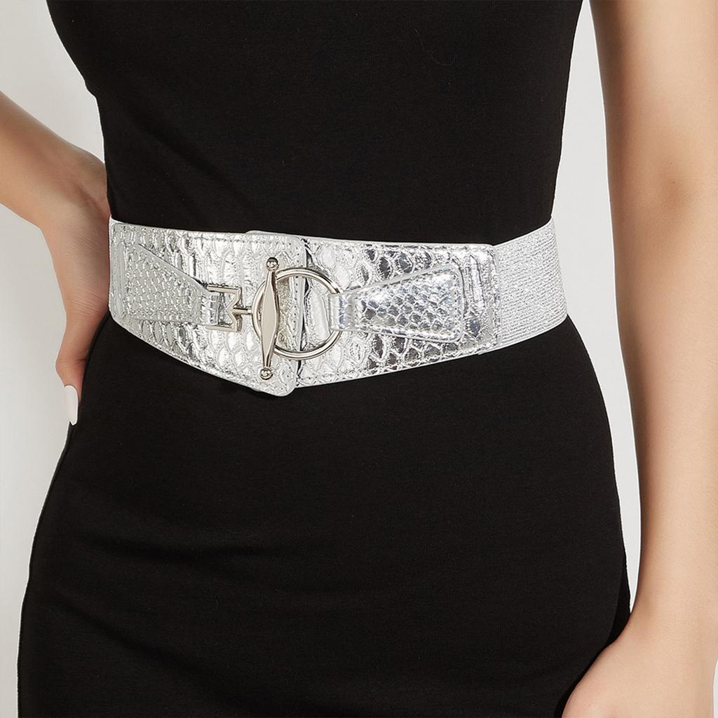 Damen Stretchgürtel Elegant Breites Korsett Dekorativ Glitzernd Metallic Kunstleder Elastischer Taillengürtel mit Legierungsschnalle