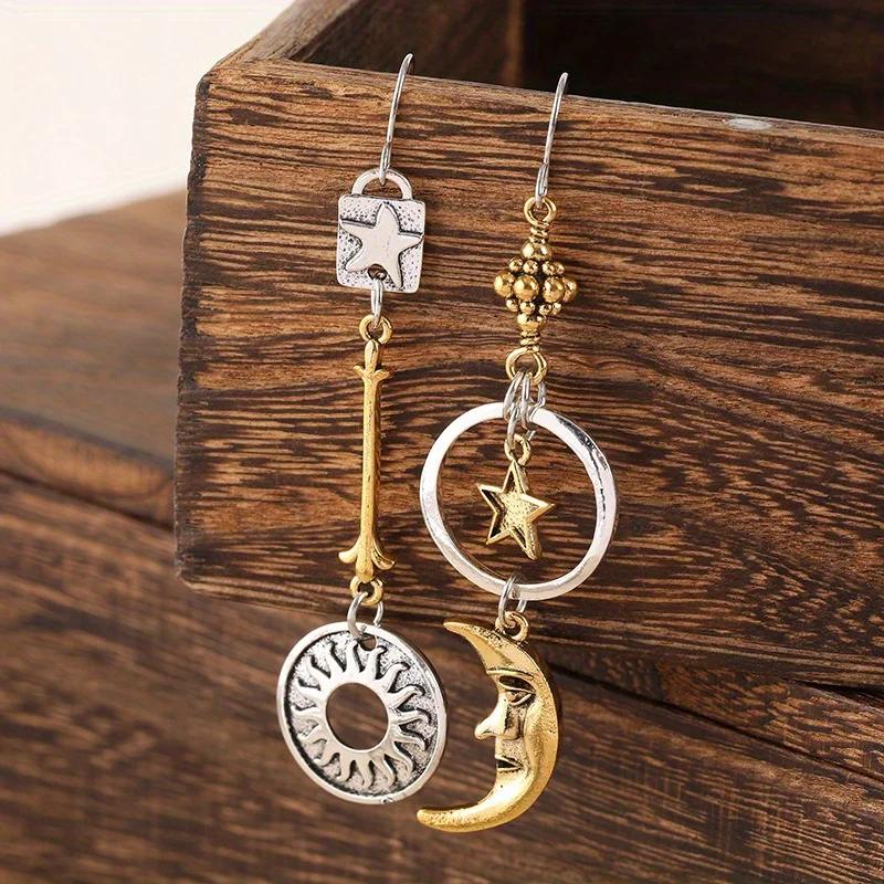 Greek Mythology Face Sun Moon Pendant Creative Design Women Asymmetric Personality Pendant Earrings Party Jewelry Gifts