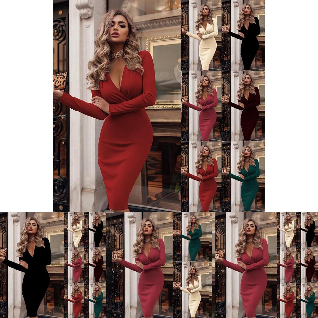Neck Women V Long Sleeve Bodycon Sexy Dress Ladies Casual Evening Party Clubwear