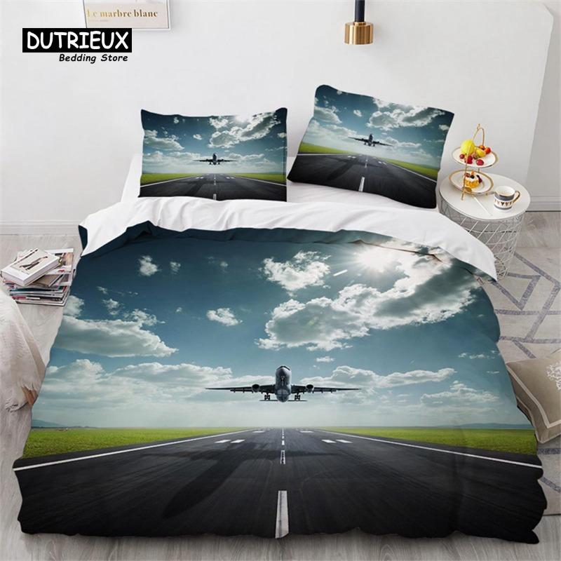 Boys Airplane Duvet Cover King Queen Polyester Aviation Aircraft Runway Bedding Set Sky Scenery Bedspread Cover with Pillowcase Gift