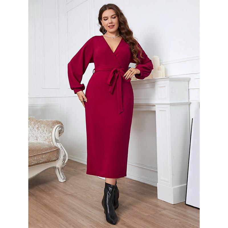 Women's Solid Long Lantern Sleeve Dress Cross Wrap Ruched V-neck Tie Waist Hem Split Long Dress Fit Basic Elegant Maxi Dress Party Club Work Dress
