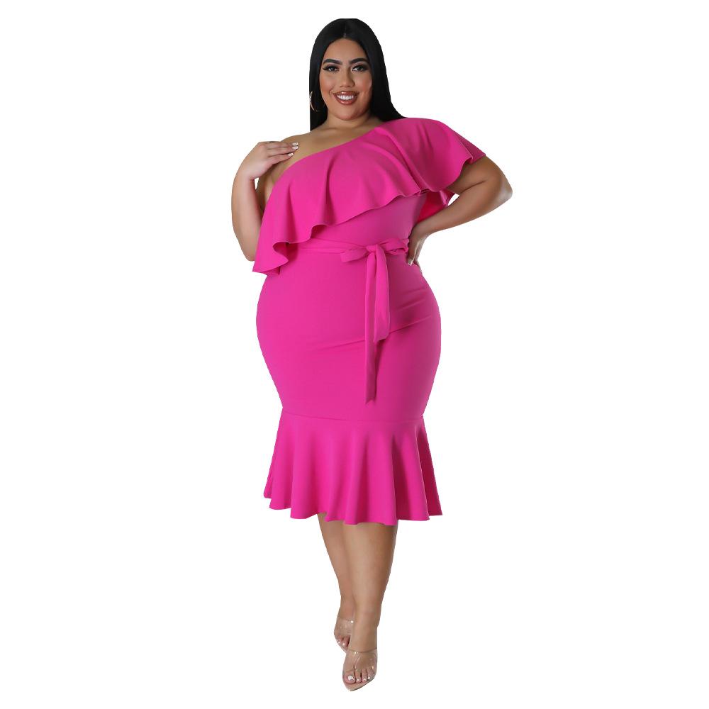 2023 Plus Size Women's European & American Fashion Slim Fit Ruffle Strapless Midi Dress