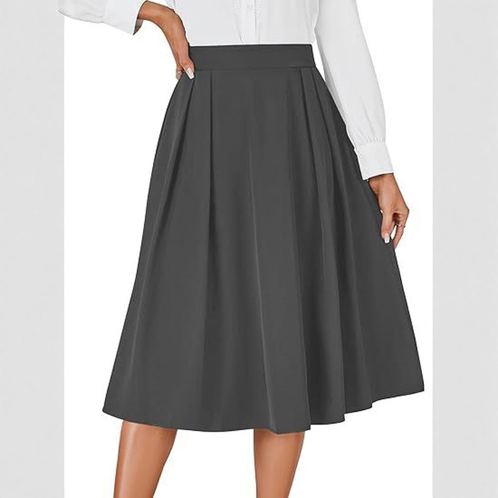Women's Retro High-waisted Pleated Back Tie Flared A-line Midi Skirt