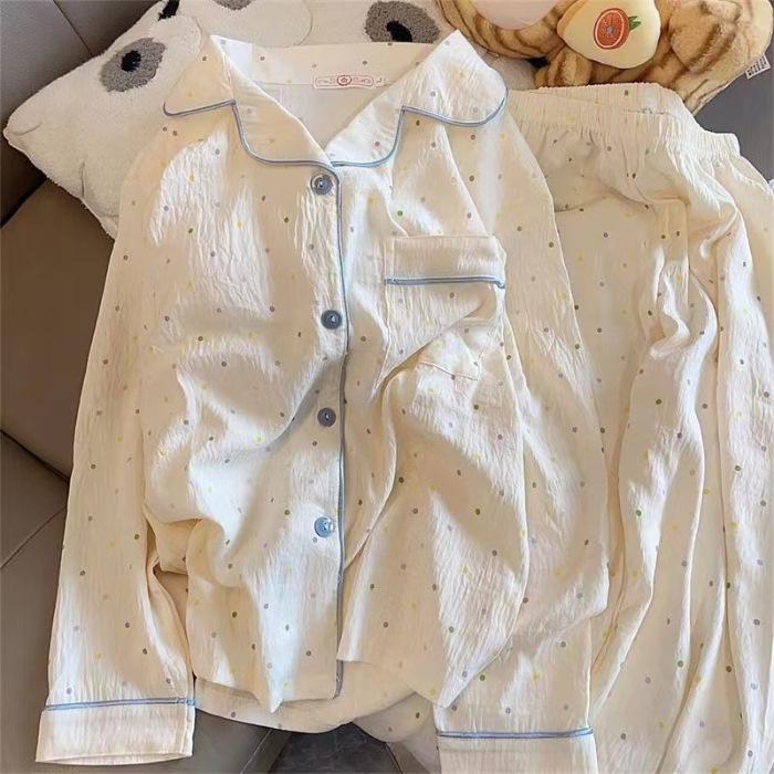 Women's Spring & Autumn Cloud Cotton Pajama Set - Thin Print & Embroidery, Loose Fit, Long Sleeve & Pants Home Wear.