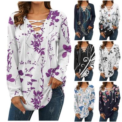 Damen Bluse Mode Locker Lässig Langarm Bedrucktes T-Shirt Mit V-Ausschnitt