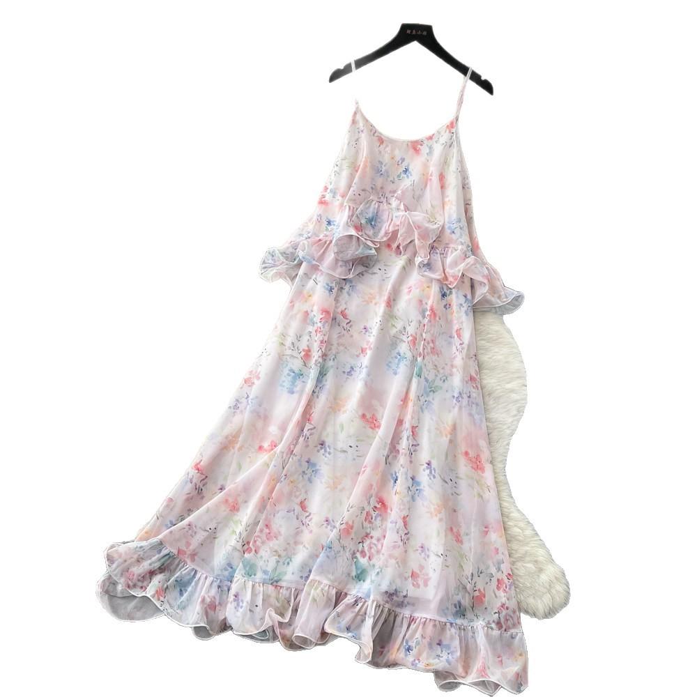 French Holiday Style Floral Temperament Dress Women's Summer Sleeveless Ruffle Edge Thin Temperament Long Dress