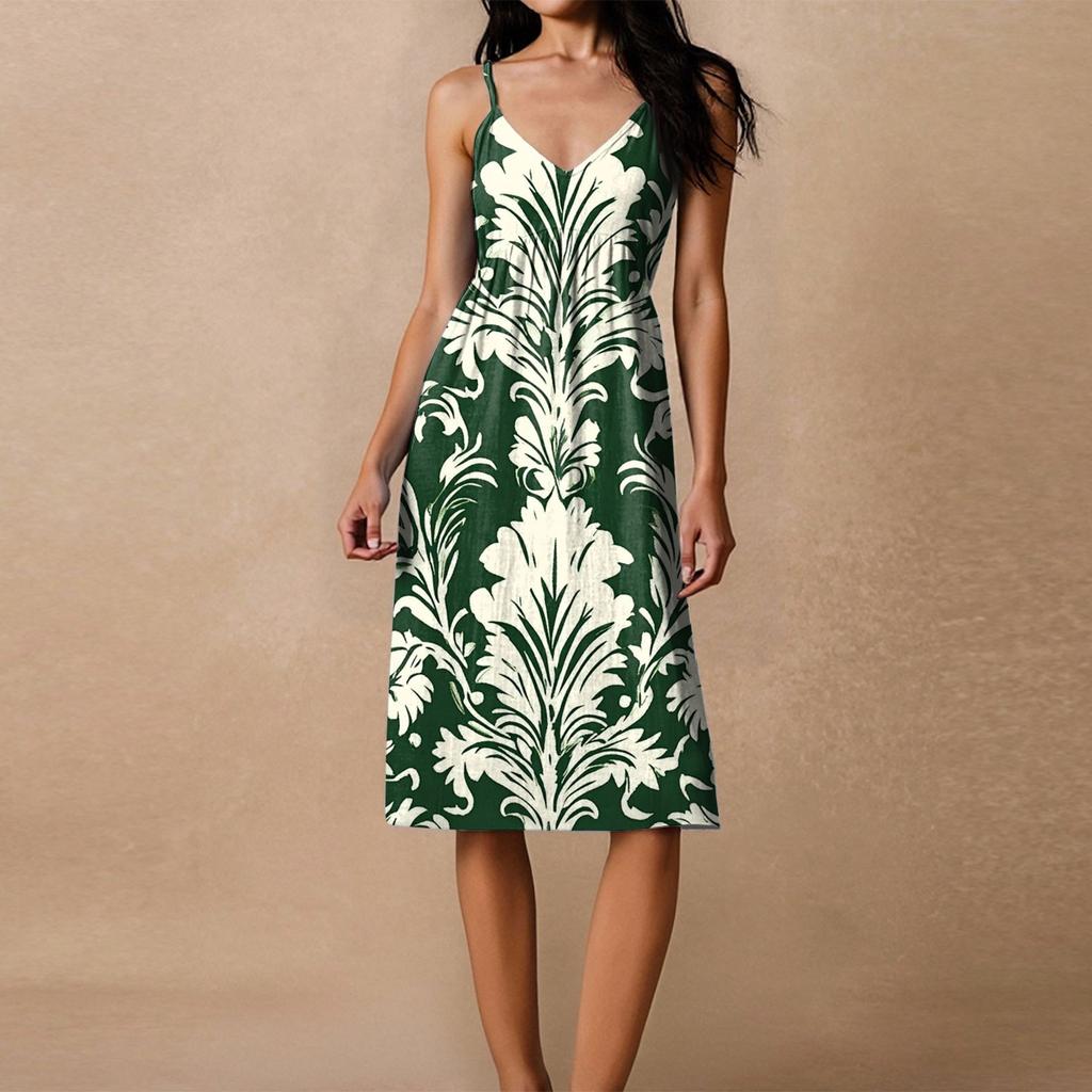 Damen Spaghetti-Träger Rückenfrei Schleife Locker Lässig Strandurlaub Blumenmuster Kleid Sommerkleid
