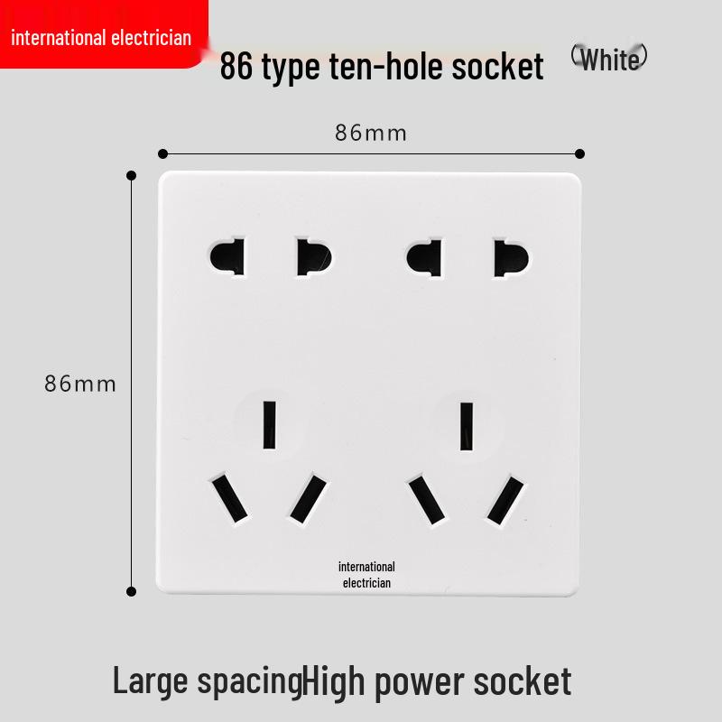 86 Type One-Gang Multi-Function Socket with Switch, High-Power Ten-Hole Panel