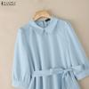 ZANZEA Women Casual Turn Down Collar Solid Color 3/4 Sleeve Loose Dress