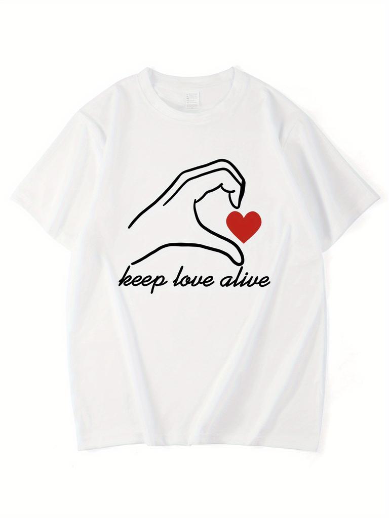 Heart Graphic Lightweight Breathable Polyester Valentine'S Couple T-Shirt - Black with White Aesthetic Clothes