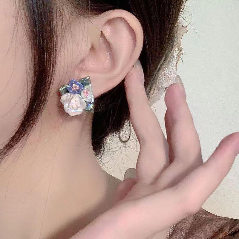 Elegant French Retro Rose Ceramic Sterling Silver Earrings
