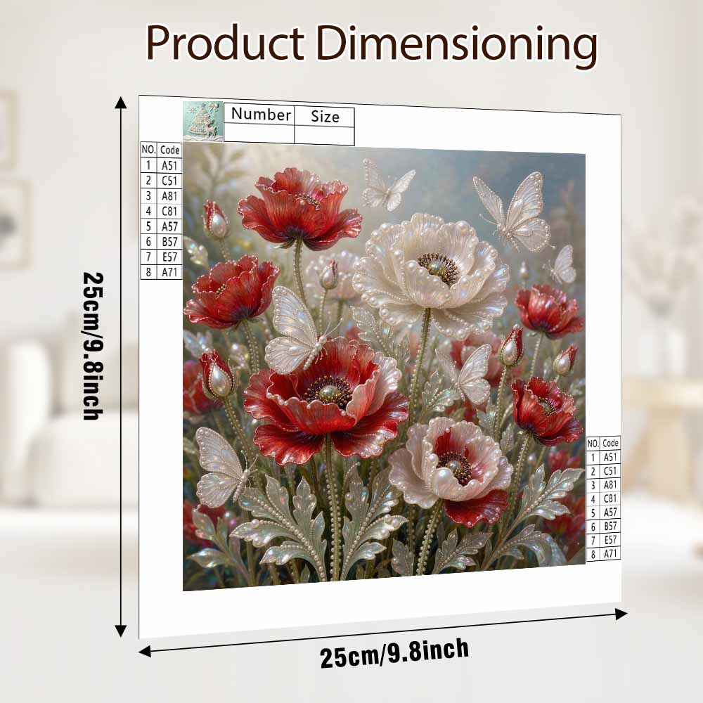Pearl Painting 5D DIY Decorative Painting. Red Flowers and White Butterflies. Cute Birthday Gift. Handmade Art Painting