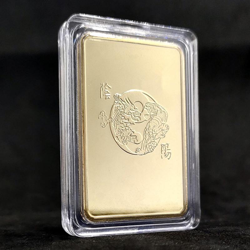 Čínský vítr Země Dragon Gold Bar Pamětní mince Yin Yang Dragon Tiger Square Mince pozlacený zlatý pruh