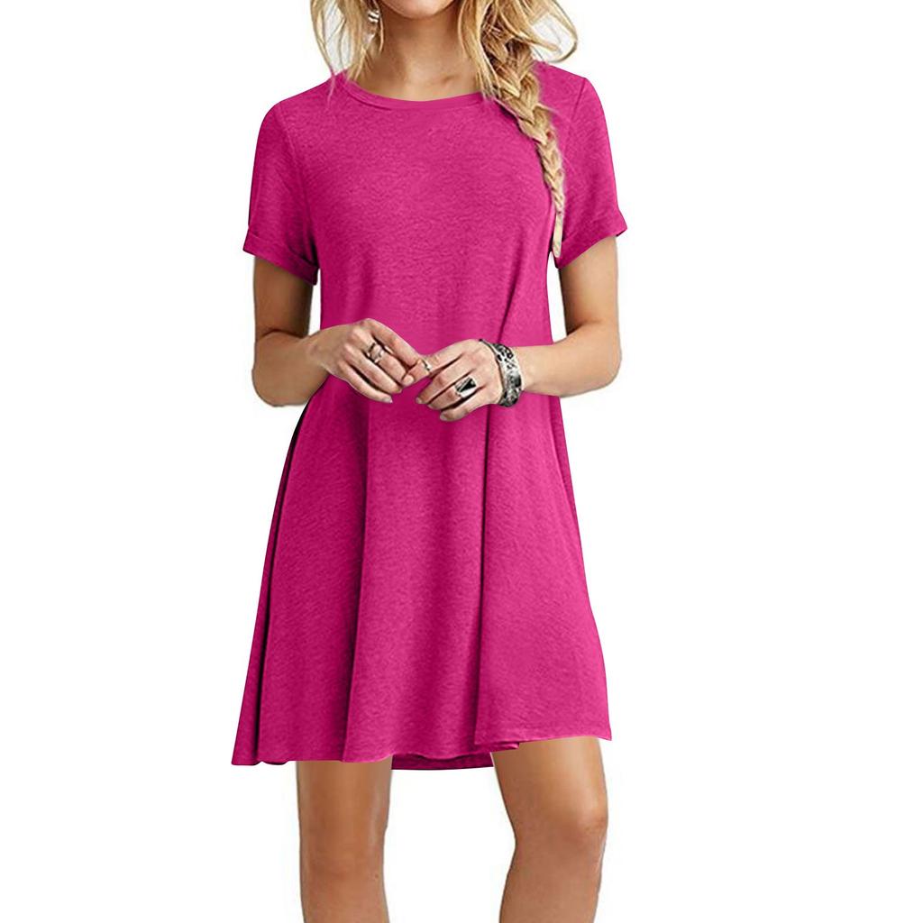 Women's Spring And Summer Round Neck Short Sleeve Large Loose Solid Color Dress