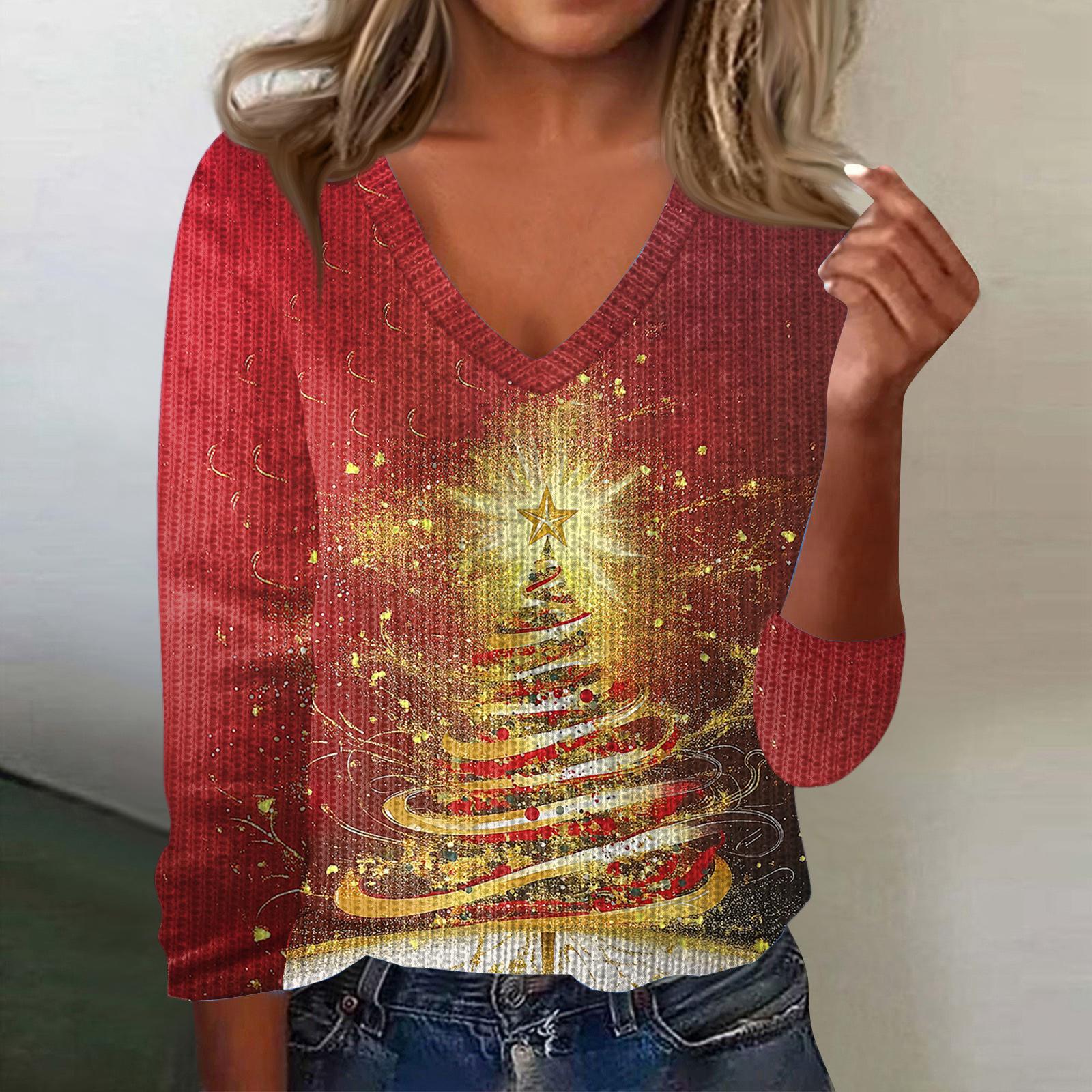 

Женский милый свитер вязаный модный повседневный с V-образным вырезом с длинным рукавом уютный с принтом топ XL красный