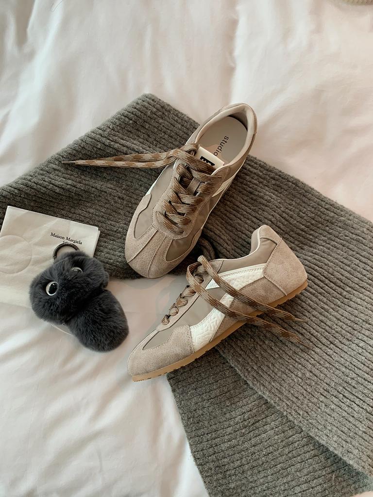 Whole cowhide~ grape mother leather retro contrasting color round square head casual style Forrest Gump training board shoes women's ins women's new m