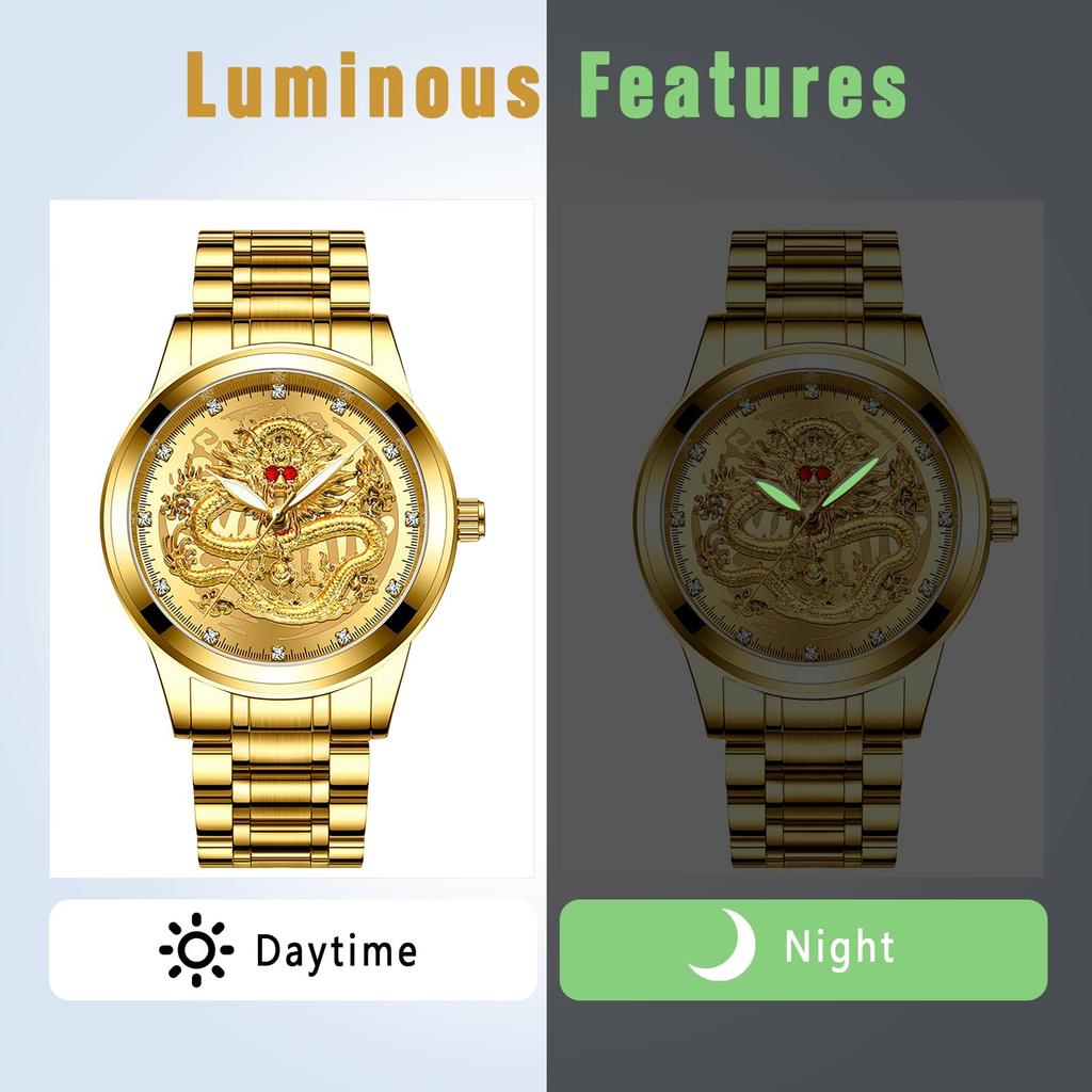 Gold Analog Dragon Retro Chinese Dragon Design with Stainless Steel and Stylish Gold Accessory Perfect Gift for or Christmas Men's Watch Strap,