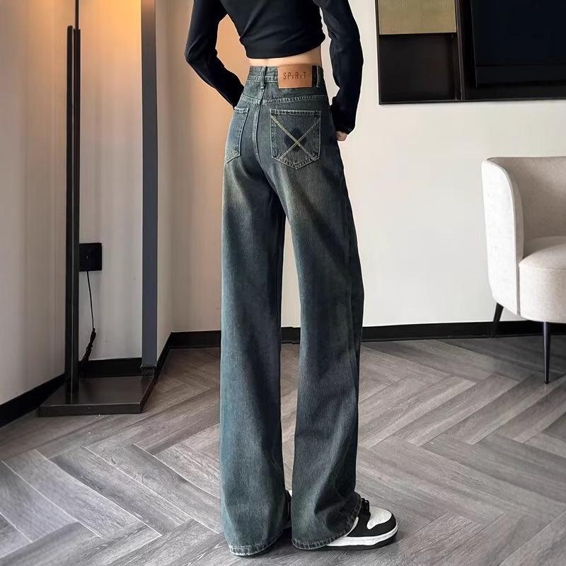 Women's Retro Wide-Leg Jeans - Cement Grey, High-Waisted, Slimming, Autumn/Winter European Style