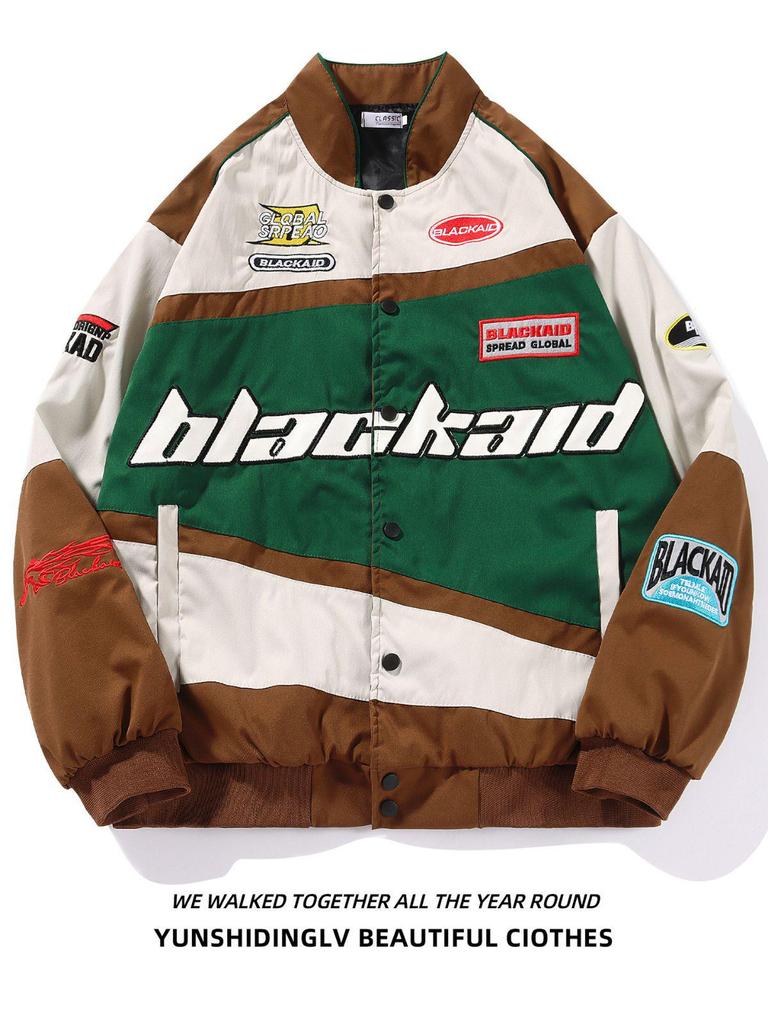 Unisex retro závodní vyšívaná bunda - Americký a evropský pouliční styl, design pro motorkáře a baseball pro podzim/zimu