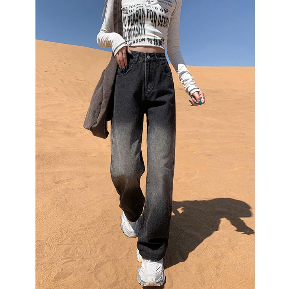 Commuter Simple Wide-leg Jeans Women's Spring and Autumn Models New High Waist Loose American Style Gradual Change Straight Jeans