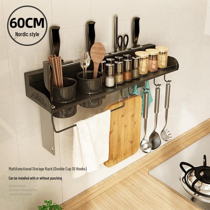 Wall-Mounted 304 Stainless Steel Kitchen Rack: Punch-Free Knife Holder & Multifunctional Seasoning Storage.