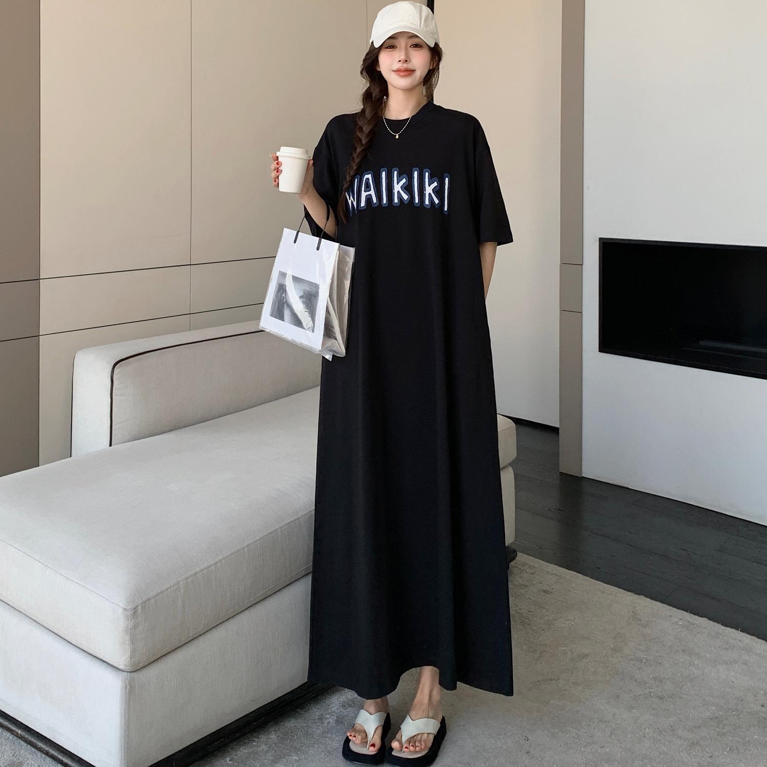 

DIMANAF 2025 Summer Plus Size Dress Women Casual Letter Printing Vintage Dress Basic Loose Black O-Neck Long Dress 4XL чёрный